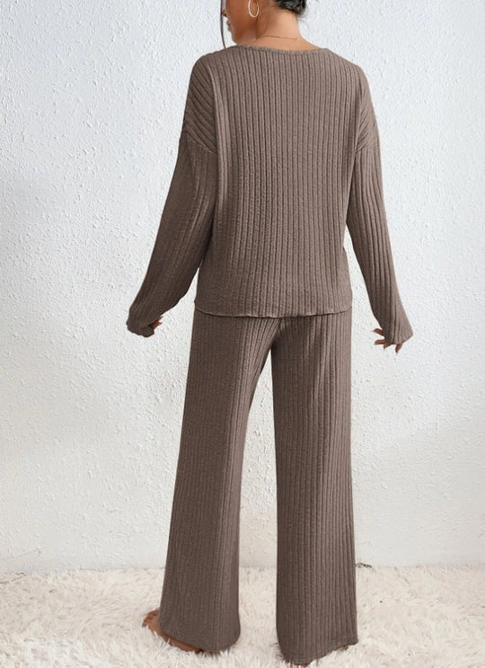 Ribbed Knit Two-Piece Set with V-Neck Jumper