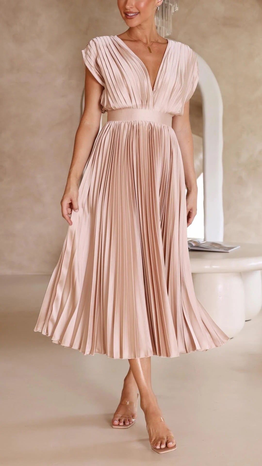 Maxi Dress with Draped V-Neckline and High Waist